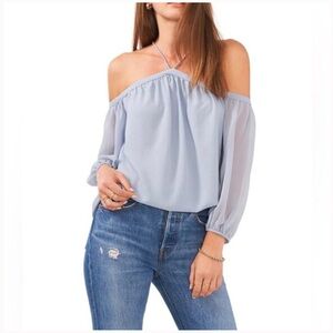 1.State Women's Dusty Blue Halter Off-The-Shoulder Chiffon Blouse - Small - NWT